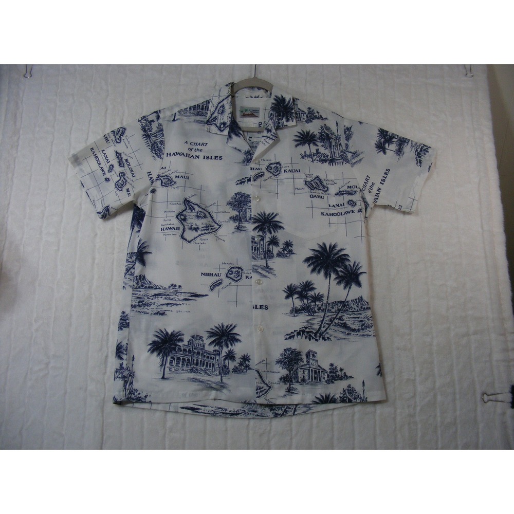 CT Hawaii Fashions Button Down Mens Size M White Blue Hawaiian Isles Map Shirt